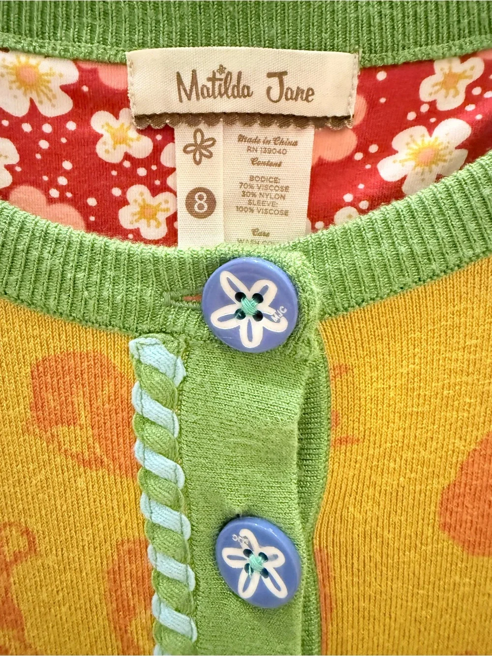 Matilda Jane Yellow Dog Pattern Cardigan with Multicolor Stripe Sleeves- Girls 8